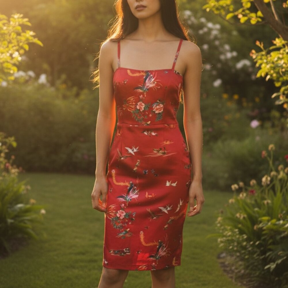 Wheels & Dollbaby Red Satin Bird & Floral Print Bodycon Slip Dress AU 12 US 8 - Picture 3 of 13